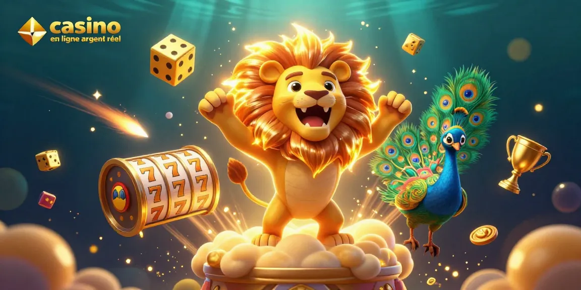 Jouez à des machines à sous dans un casino en ligne en argent réel avec un lion solaire et des dés dorés.