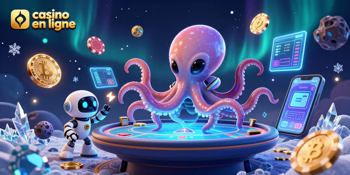 Illustration d'un casino en ligne vibrant avec un octopus extraterrestre jouant au poker en hologramme.
