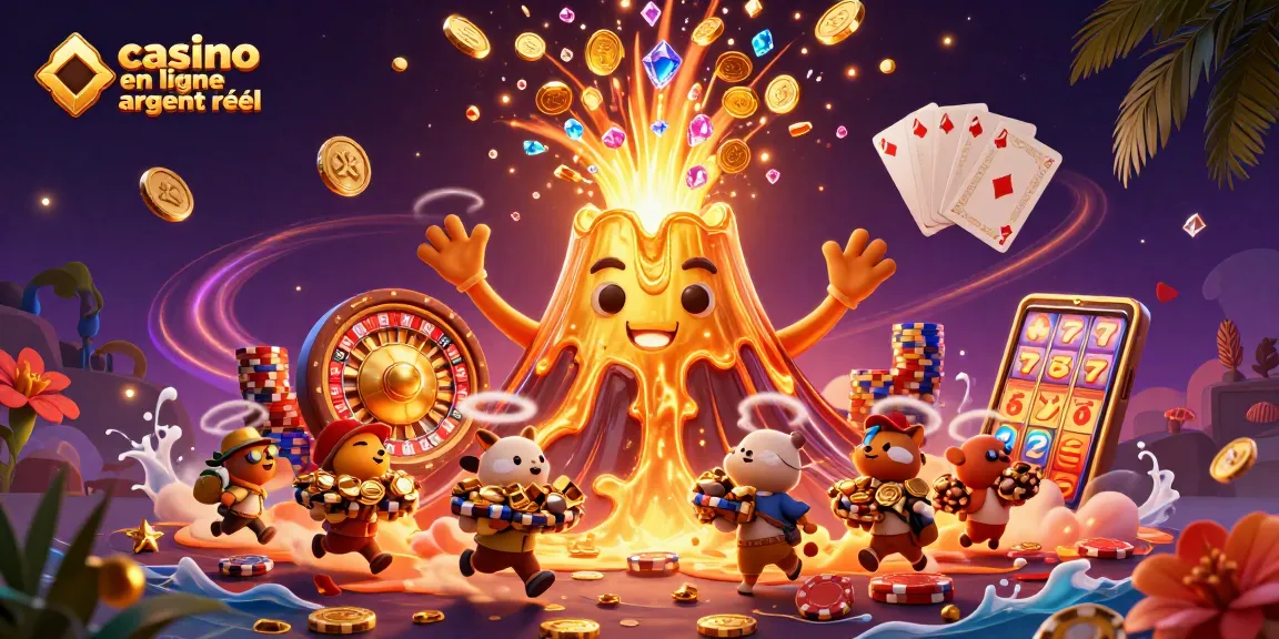 Venez découvrir le monde du casino en ligne argent réel, avec une illustration dynamique de trésors et de jeux.